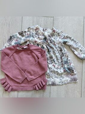 Zara Dusty Pink Ruffle Hem Sweater with Floral Cream Dress Set